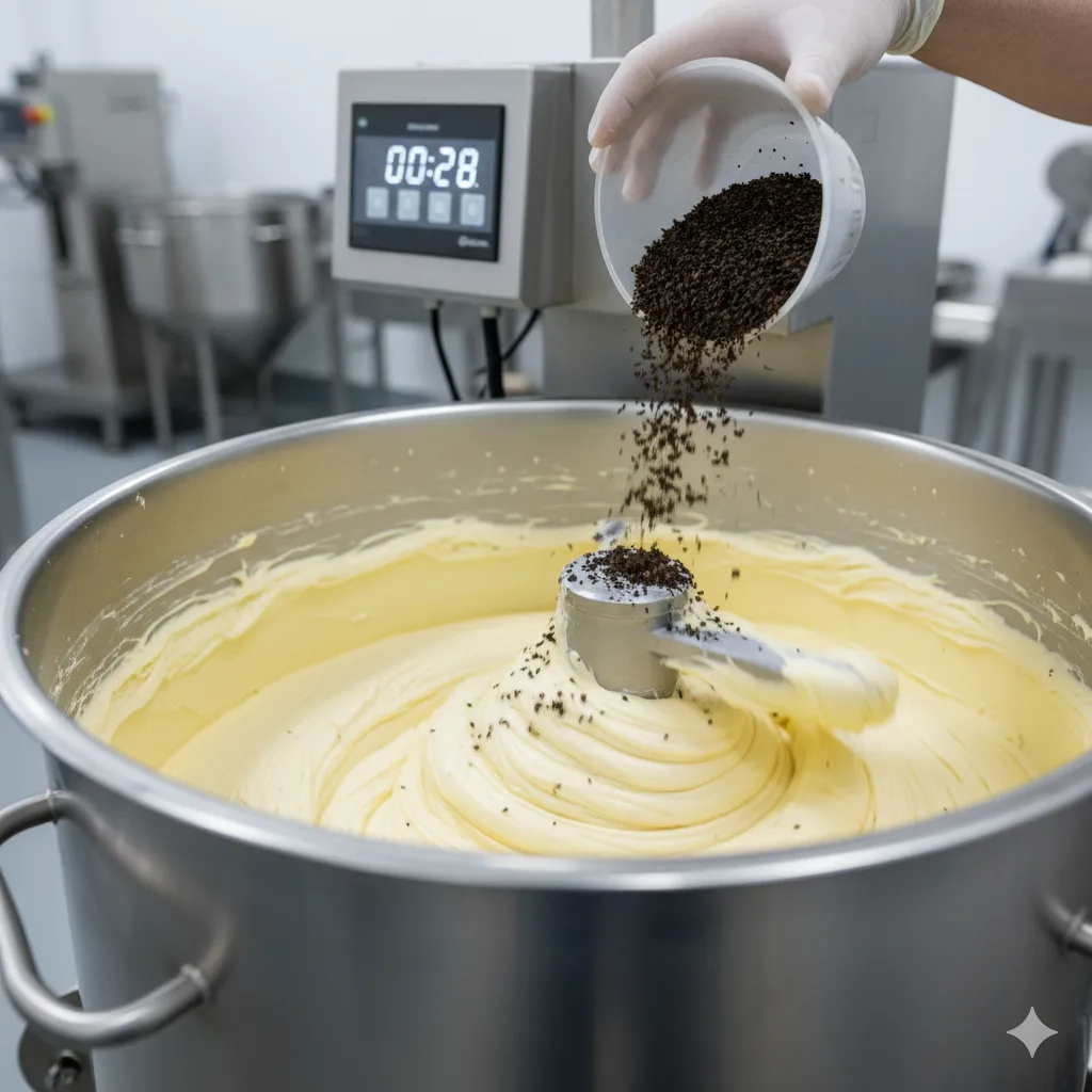 Retail-style truffle butter presentation with speckled appearance.
