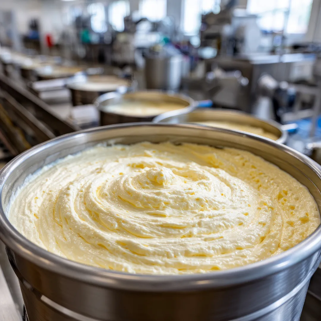 Large stainless steel vat of whipped butter in an industrial creamery being prepared for truffle essence infusion.