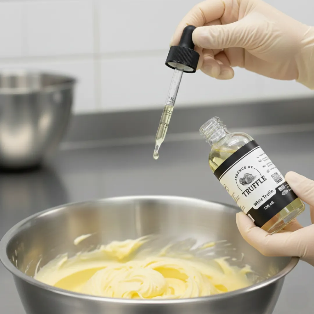 Precision dosing of truffle extract into softened butter for large-scale manufacturing.