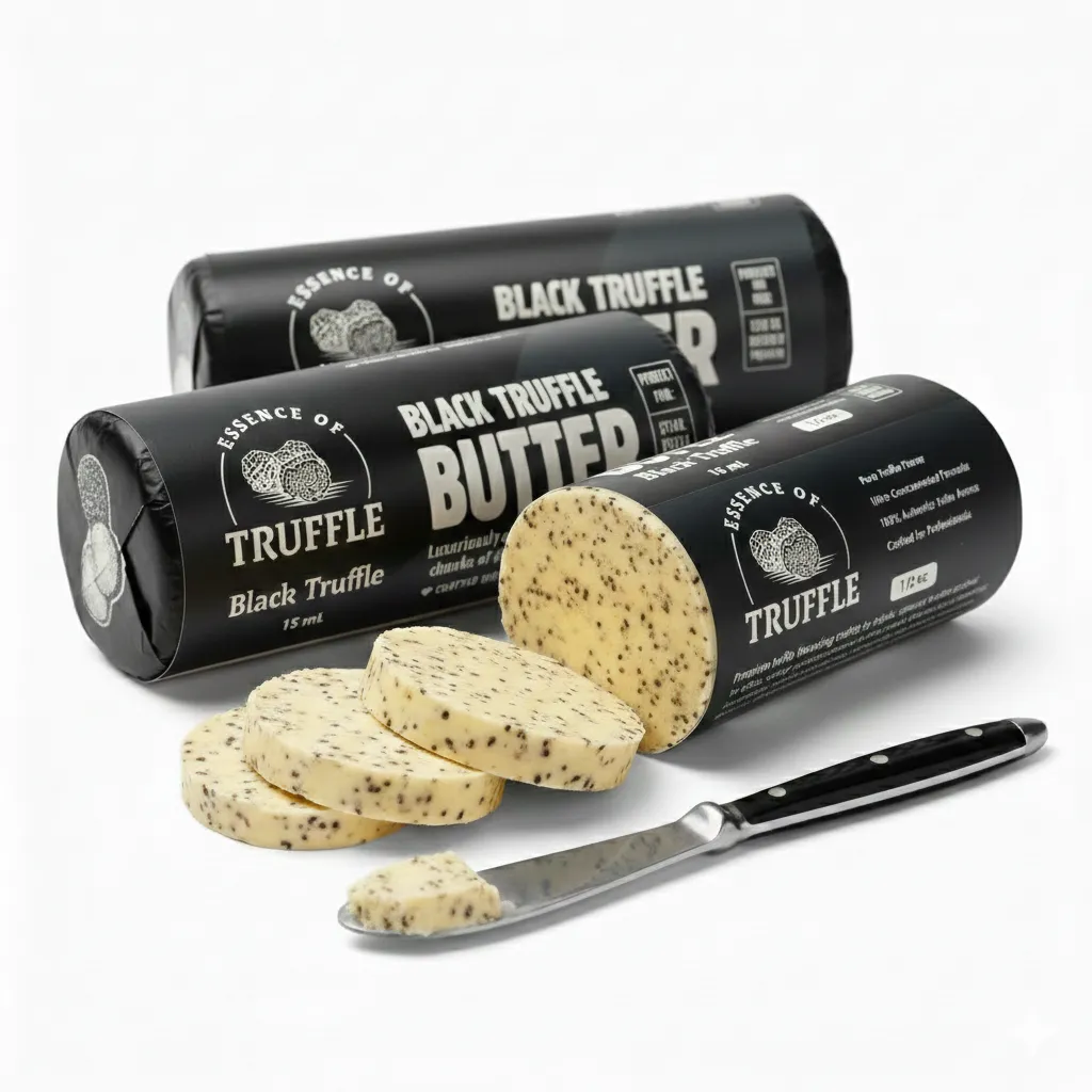 Professional retail packaging for Essence of Truffle black truffle butter logs alongside fresh slices on a white background.