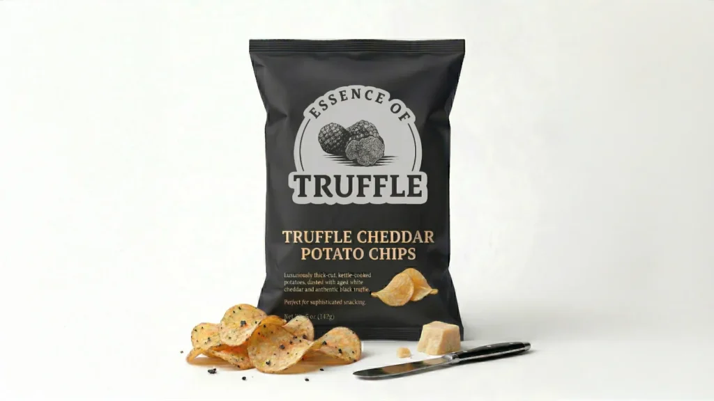 Studio product shot of Essence of Truffle cheddar potato chips packaging with a pile of seasoned kettle chips and a cube of white cheddar cheese - Landscape Version