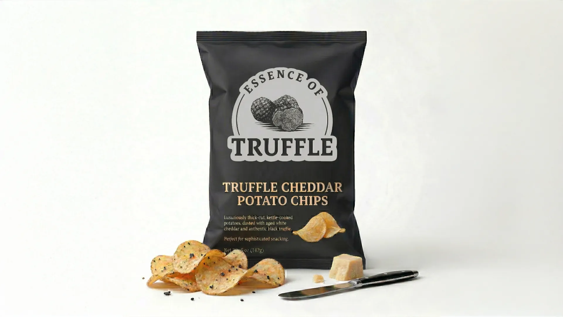 Truffle cheddar potato chip bag — retail ready product from Essence of Truffle manufacturing SOP