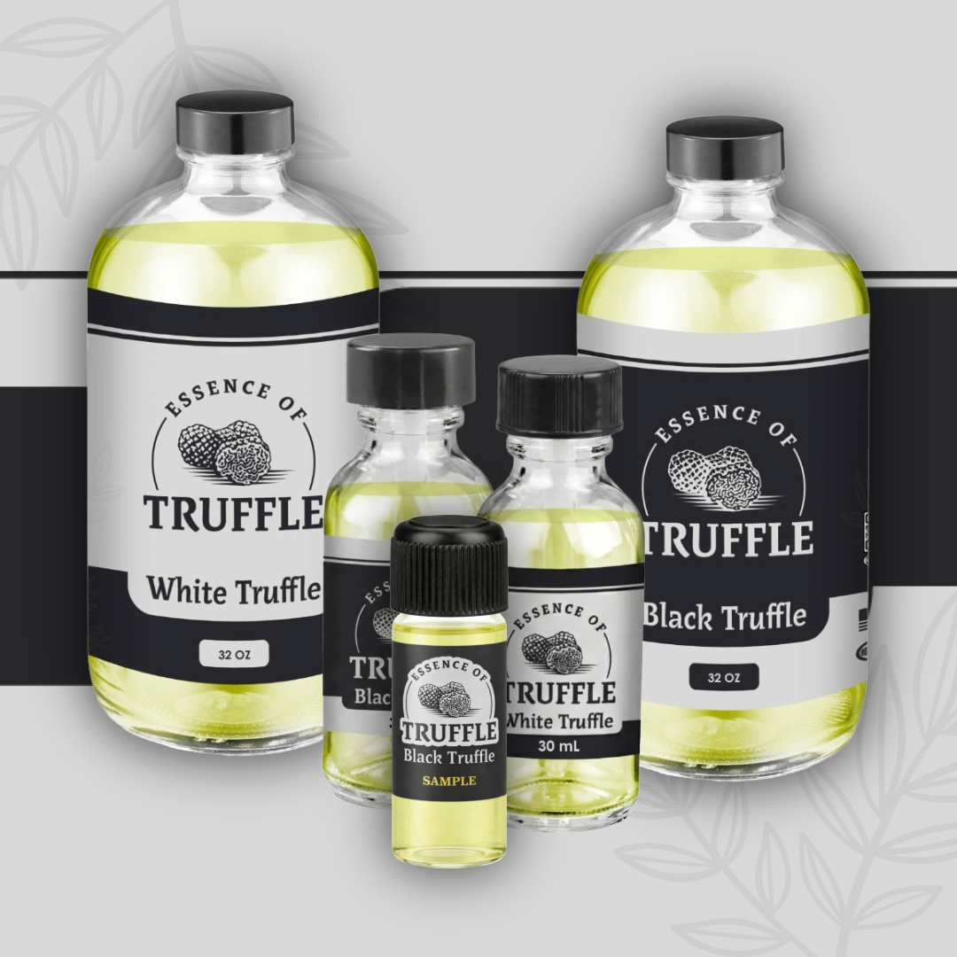 Essence of Truffle extract bottles ready for dilution into carrier oil for snack seasoning.
