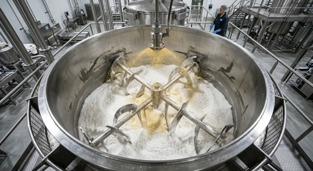 A wide view inside a stainless steel industrial ribbon blender atomizing a golden truffle oil spray onto a white dry carrier powder.