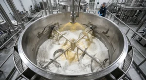 A wide view inside a stainless steel industrial ribbon blender atomizing a golden truffle oil spray onto a white dry carrier powder.
