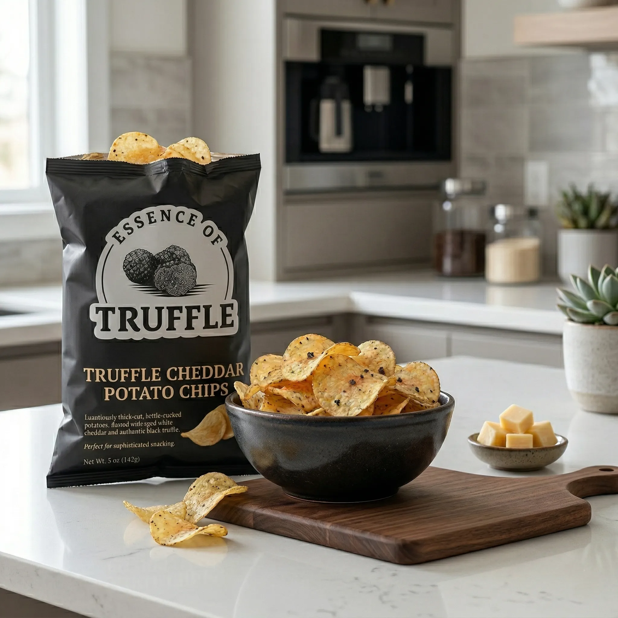 Truffle cheddar potato chips in finished retail packaging — ready for distribution.