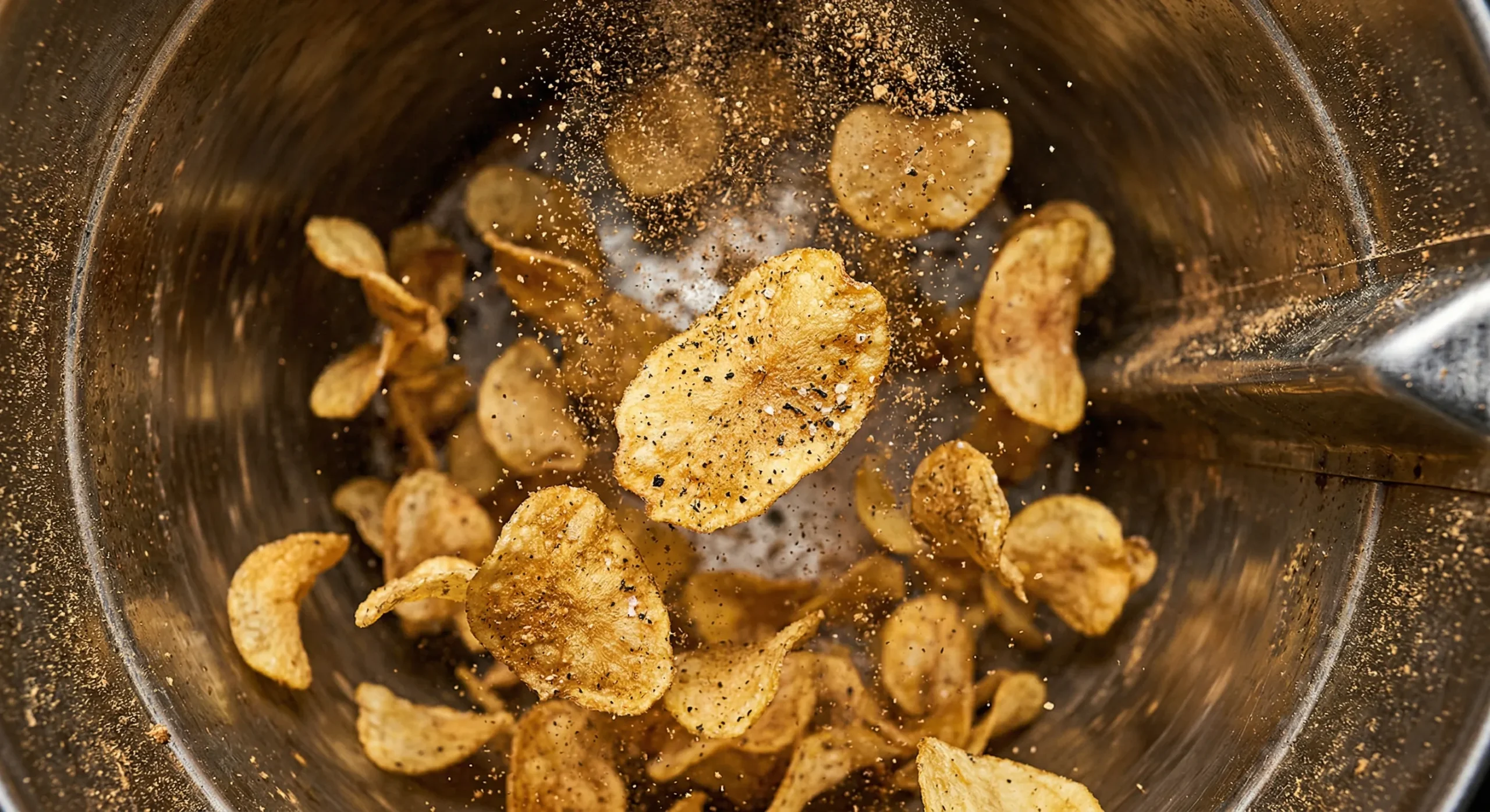 Industrial tumbler drum applying truffle seasoning to potato chips during manufacturing.