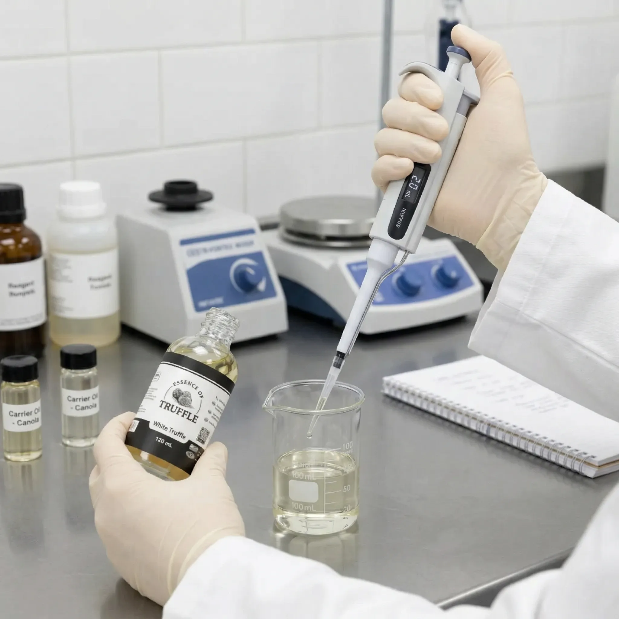 Lab pipette measuring white truffle extract with precision beaker for snack seasoning formulation.