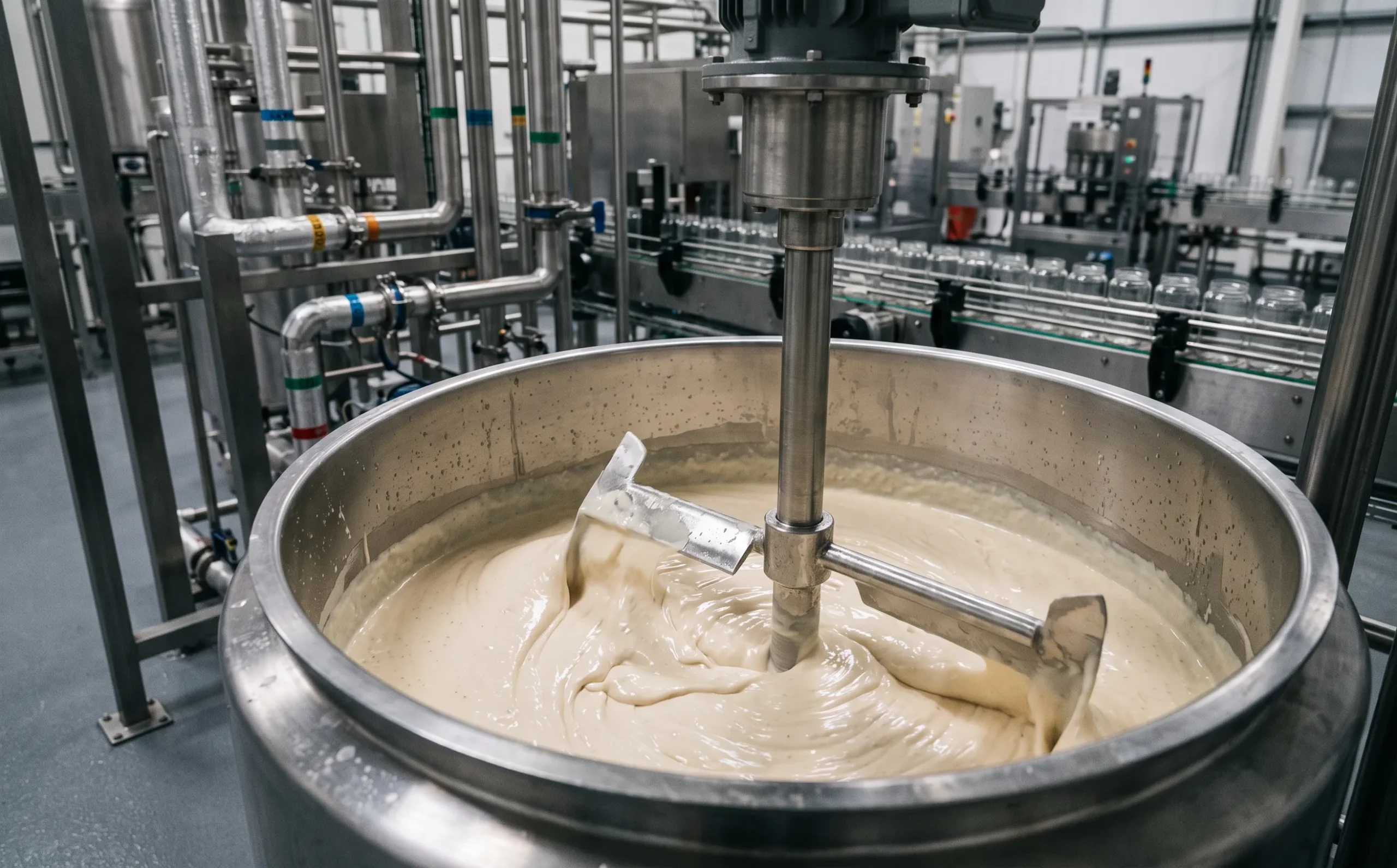 Industrial stainless steel mixing tank producing truffle flavored sauce in a commercial condiment manufacturing facility
