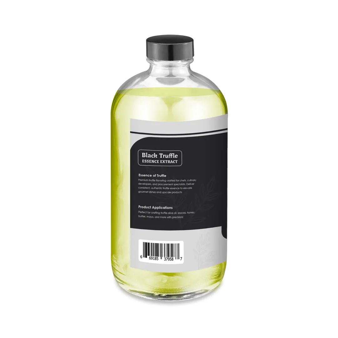 Black Truffle Essence 16oz bottle, left panel with GTIN barcode (669185379587) and regulatory details.