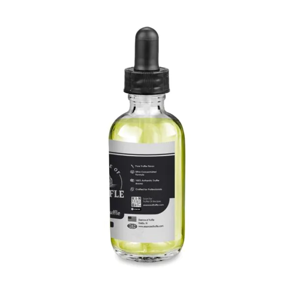 Black Truffle Essence 2 oz bottle, right panel featuring marketing highlights and product benefits.