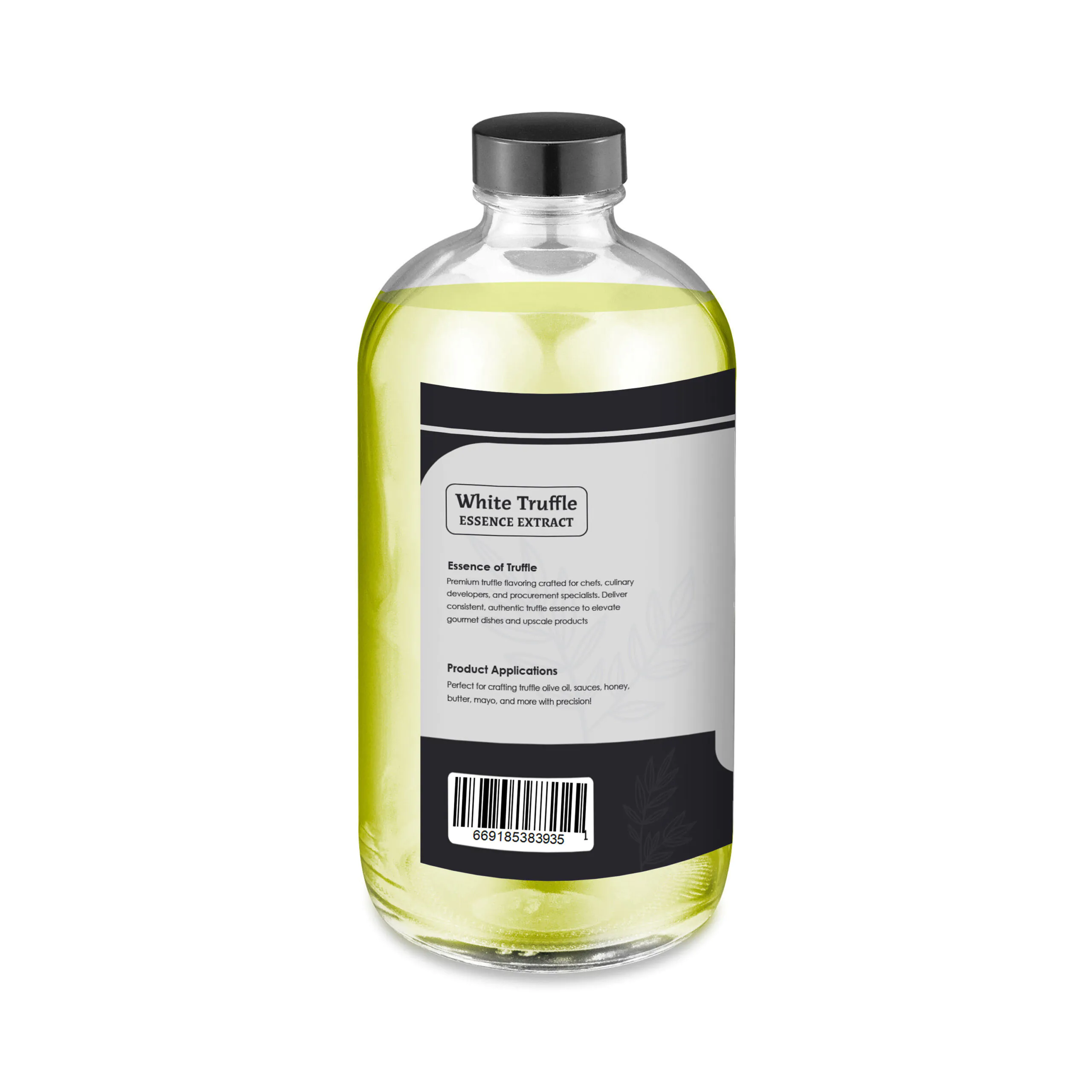 White Truffle Essence 32 oz bottle, left panel with GTIN barcode (669185383935) and regulatory details.