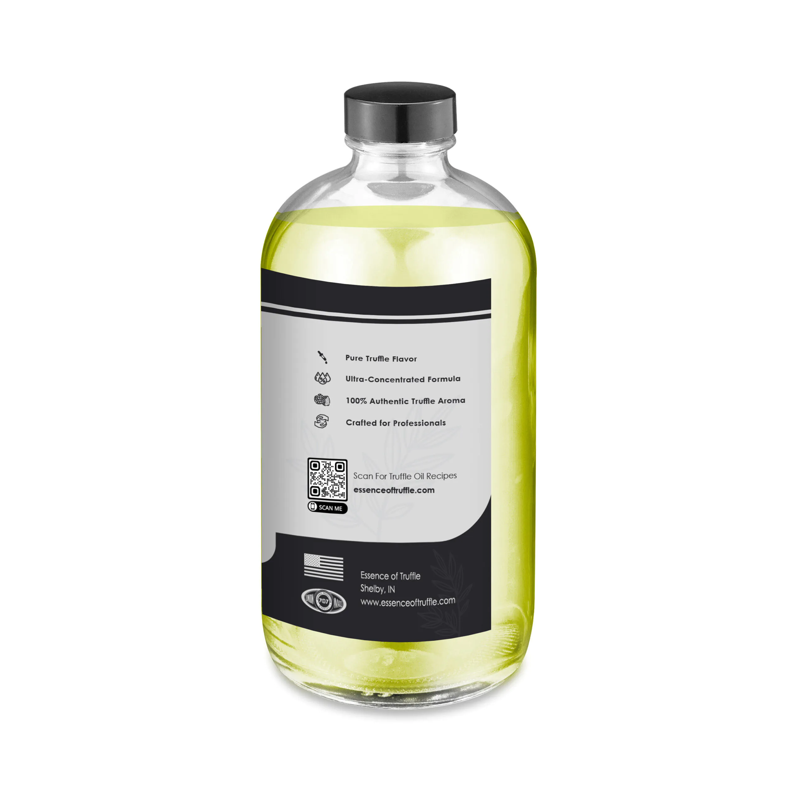A detailed rendering of the Black Truffle Essence 32 oz bottle’s right panel, showcasing marketing-focused text that highlights its premium-grade authenticity, consistent flavor profile, and versatility for gourmet applications.